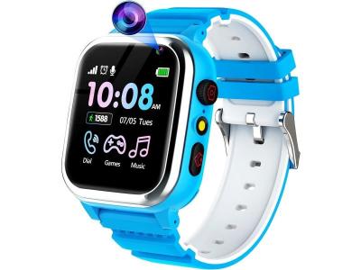 VENDOS85 Montre connect&eacute;e enfant 26 jeux &eacute;ducatifs, smartwatch t&eacute;l&eacute;phone bleu clair