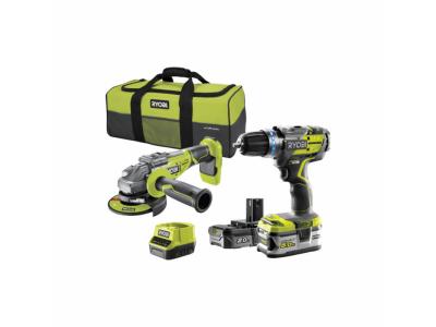 RYOBI  - Pack Brushless perceuse-visseuse &agrave; percussion 18V One+ - Meuleuse d'angle 125 mm 18V One+ - 2 batteries 1 chargeur rapide R18CK2BL-252S