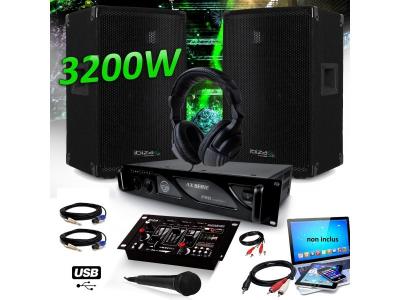 IBIZA SOUND Pack DJ SONO DISCO12 SET 3200W Enceintes + Amplificateur MyDj 2000W + Table de Mixage DJ21 USB + CASQUE + CABLES
