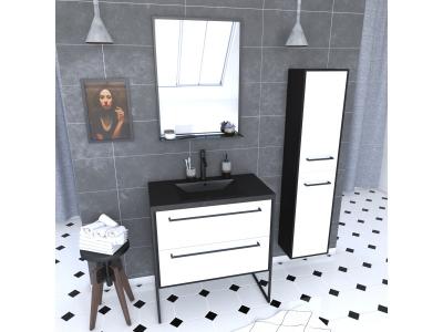Pack meuble de salle de bain 80x50 cm - 2 tiroirs blanc - vasque noir - miroir - colonne suspendu