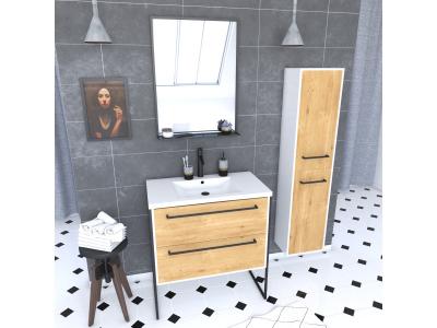 Pack meuble de salle de bain 80x50 cm - 2 tiroirs - vasque blanche + miroir noir mat + colonne