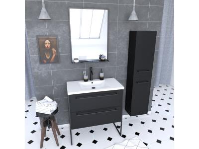 Pack meuble de salle de bain 80x50 cm Noir - 2 tiroirs - vasque blanche - miroir - colonne suspendu
