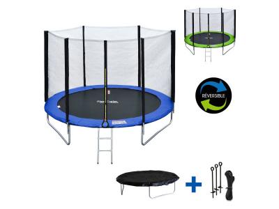 HAPPY GARDEN Pack premium trampoline 180cm r&eacute;versible bleu - vert cairns + filet, &eacute;chelle, b&acirc;che et kit d'ancrage
