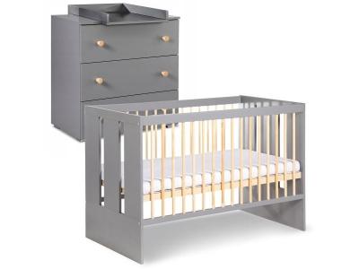 MONMOBILIERDESIGN Pauline ensemble commode &agrave; langer + lit b&eacute;b&eacute; gris / bois 120x60 cm