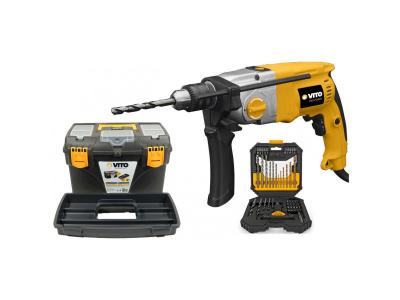 VITO Perceuse &agrave; percussion 1050w  + coffret 50 pi&egrave;ces forets et embouts + boite &agrave; outils 18