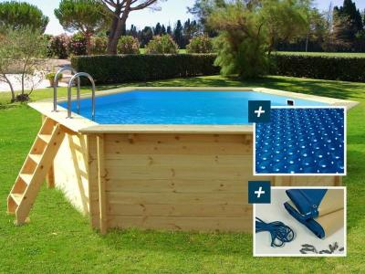 HABITAT ET JARDIN Piscine bois ""Hawai"" - 4.10 x 1.20 m + B&acirc;che &agrave; bulles 180 + B&acirc;che hiver 280 gr/m&sup2;
