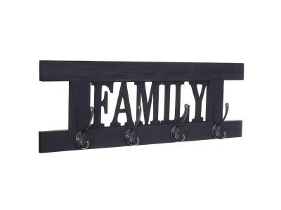 DECOSHOP26 Porte-manteau mural pat&egrave;re en bois gris fonc&eacute; vintage family 20,5x60x1,5 cm - or