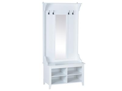 Porte-manteau vestiaire d'entr&eacute;e banc miroir mdf panneaux particules blanc