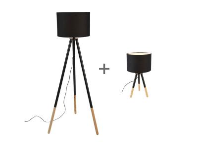 QAZQA Ensemble lampe de table et lampadaire noir avec abat-jour - pip