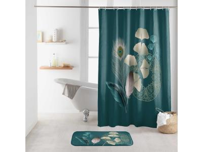 HOME MAISON CDaffaires Rideau de douche +crochets 180 x 200 cm polyester imprim&eacute; Ginkoblue