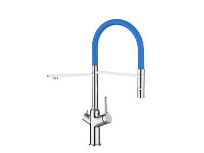 VIZIO Robinet de cuisine 3 voies chrom&eacute; bec bleu orientable, douche 2 jets d&eacute;tachable VZBF018104