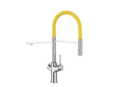 VIZIO Robinet de cuisine 3 voies chrom&eacute; bec jaune orientable, douche 2 jets d&eacute;tachable VZBF018105