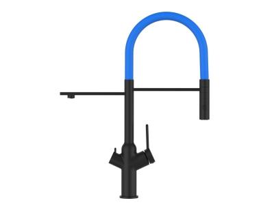 VIZIO Robinet de cuisine 3 voies noir mat bec bleu orientable, douche 2 jets d&eacute;tachable VZBF018127