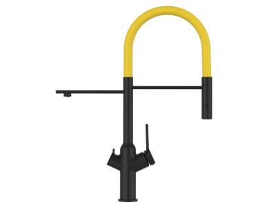 VIZIO Robinet de cuisine 3 voies noir mat bec jaune orientable, douche 2 jets d&eacute;tachable VZBF018125