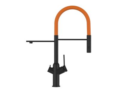 VIZIO Robinet de cuisine 3 voies noir mat bec orange orientable, douche 2 jets d&eacute;tachable VZBF018126