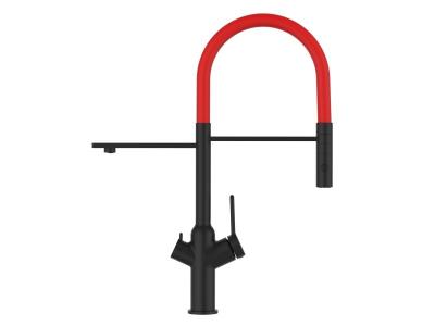 VIZIO Robinet de cuisine 3 voies noir mat bec rouge orientable, douche 2 jets d&eacute;tachable VZBF018123