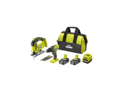 RYOBI Pack  ONE+ 18V : perceuse &agrave; percussion + scie sauteuse - 2 bat. Li-Ion 2.5Ah + chargeur & sac