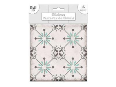  Cadoons 6 stickers &agrave; carreaux de ciment Blanc - Gris et Bleu 15 x 15 cm
