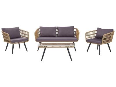 BELIANI Salon de jardin - canap&eacute; 2 fauteuils et table en polyrotin clair