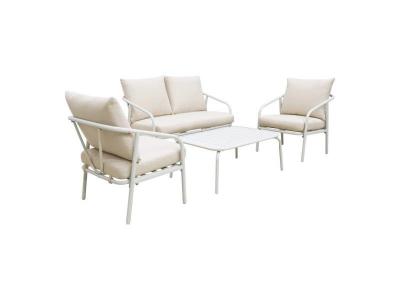 SWEEEK Salon de jardin m&eacute;tal 4 places blanc, coussins beige