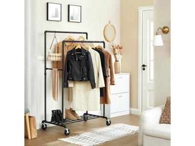 Portant &agrave; v&ecirc;tement double tringles et &eacute;tag&egrave;re sur roulettes - Noir