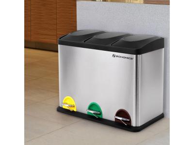 SONGMICS  Poubelle de cuisine 3 compartiments, Acier Inoxydable + Noir