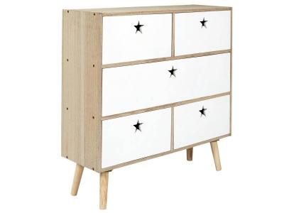 STARLY - Commode 5 Tiroirs Blanc et Bois Poign&eacute;es Ajour&eacute;es Etoiles -