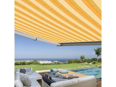 COTE STORE Store banne coffre int&eacute;gral 3,5 x 3 m motoris&eacute; et manuel ext&eacute;rieur pour terrasse - Jaune ray&eacute;