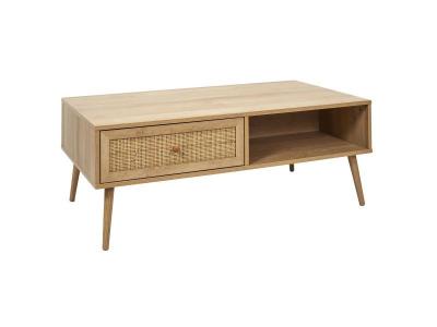 Table basse avec 1 tiroir, en cannage et panneaux de particules