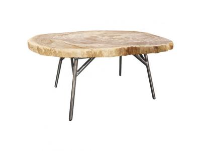 Table basse en bois p&eacute;trifi&eacute; et pi&egrave;tement en m&eacute;tal chrome - KUJA