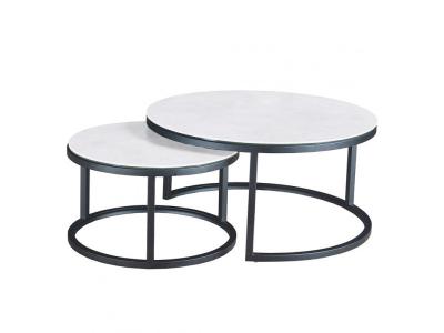 Table basse gigogne ronde en c&eacute;ramique blanc et pi&egrave;tement m&eacute;tal - oxy