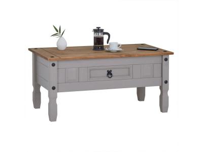 Table basse RAMON avec 1 tiroir, style mexicain en pin massif gris et brun