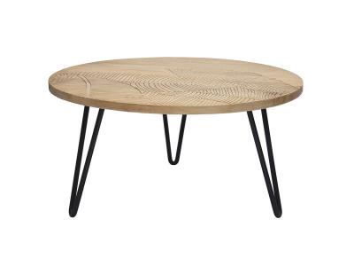 Miliboo - Table basse ronde grav&eacute;e en manguier et m&eacute;tal noir VIBES