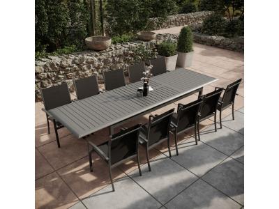 AVRIL PARIS Table de jardin extensible aluminium 220/320cm + 10 Fauteuils empilables textil&egrave;ne Gris Anthracite 