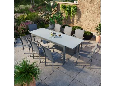 AVRIL PARIS Table de jardin extensible aluminium anthracite 180/240cm + 8 fauteuils empilables textil&egrave;ne - ANIA