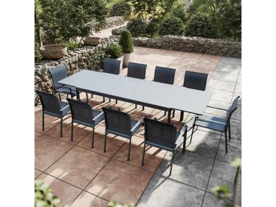 AVRIL PARIS Table de jardin extensible aluminium anthracite 200/300cm + 10 fauteuils empilables textil&egrave;ne 