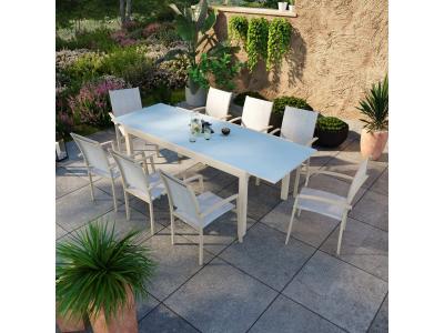 AVRIL PARIS Table de jardin 8 personnes en verre et aluminium cr&egrave;me