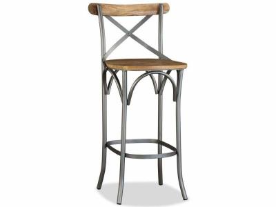 Tabouret de bar bois de manguier massif et acier dossier crois&eacute; - Bois
