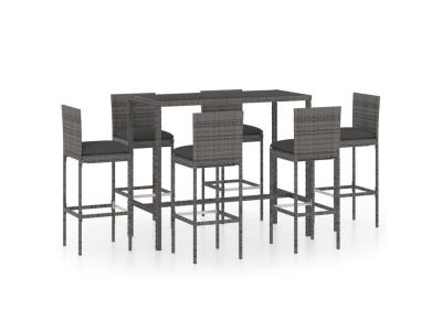 Ensemble de bar de jardin 7 pcs et coussins R&eacute;sine tress&eacute;e Gris