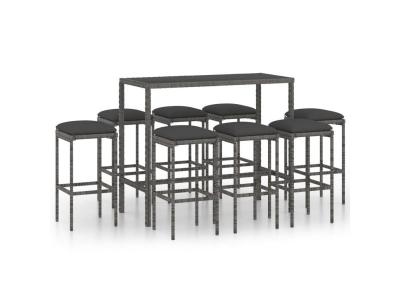 Ensemble de bar de jardin 9 pcs et coussins R&eacute;sine tress&eacute;e Gris