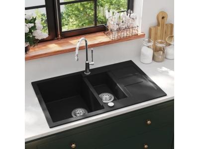 VIDAXL Evier de cuisine en granit double bac noir