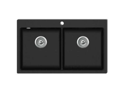 VIDAXL &eacute;vier de cuisine encastrable &agrave; 2 bacs en granite noir