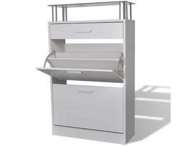 Meuble &agrave; chaussures avec tiroir et plateau en verre bois blanc 241244