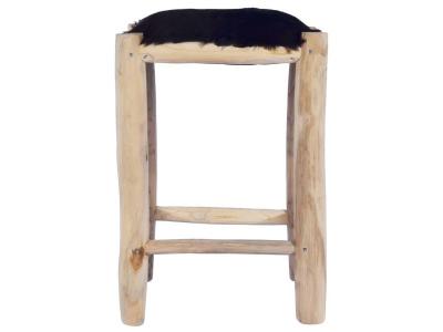 Tabouret de bar cuir de ch&egrave;vre v&eacute;ritable et bois de teck massif