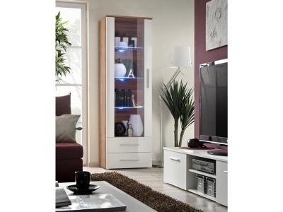 Vitrine murale &agrave; poser led - neo v - 60 cm x 190 cm x 40 cm - prunier - 2 tiroirs blancs