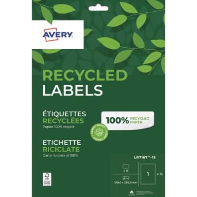 AVERY Bo&icirc;te de 15 &eacute;tiquettes recycl&eacute;es blanches 199,6 x 289,1mm. Impression Jet d'encre & Laser - Lot de 2