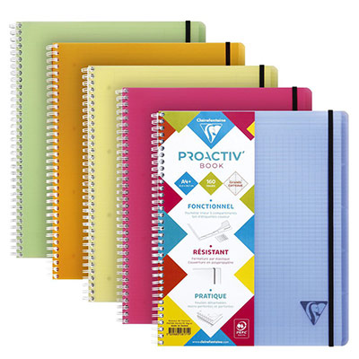 CLAIREFONTAINE Cahier spirales proactiv'Book Linicolor  - format A5+ - 16 x 21 cm - fermeture par &eacute;lastique - 180 pages - 90g - petits carreaux 5x5 - coloris fresh
