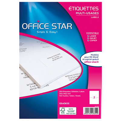 AVERY Office Star - Blanc - 210 x 148.5 mm 200 &eacute;tiquette(s) (100 feuille(s) x 2) &eacute;tiquettes