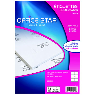 AVERY OFFICE STAR Lot de 3 OS43431s - Boite de 1400 &eacute;tiquettes multi-usages 105x39 mm