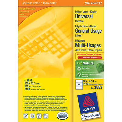 AVERY  Etiquette adresse jet d'encre et laser 105 x 42,3 mm  3653-100 blanche - Bo&icirc;te de 1400